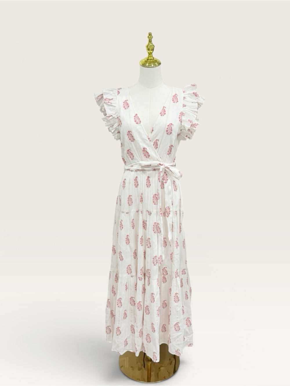 A Loves A XS White Printed Surplice Neck Ruffle Sleeve Belted A-Line Maxi Dress
